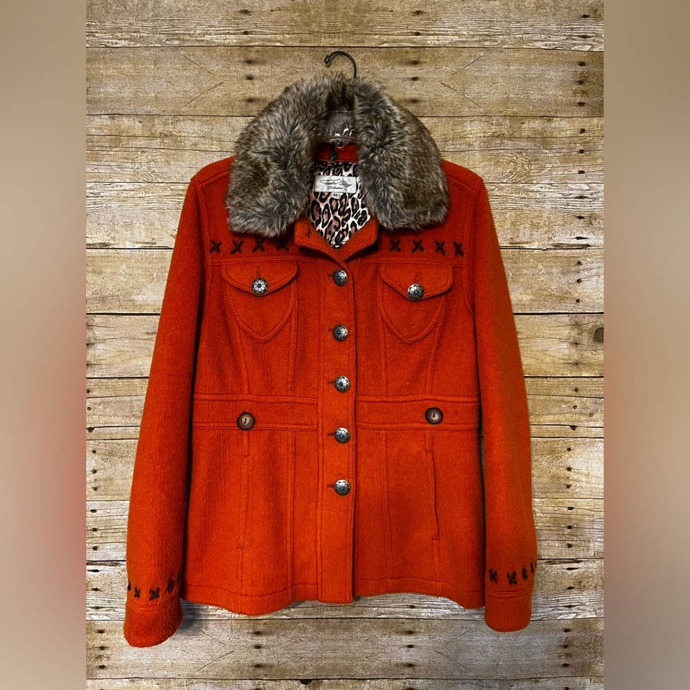 Tasha Polizzi pea coat with concho buttons and removable faux fur collar sz M